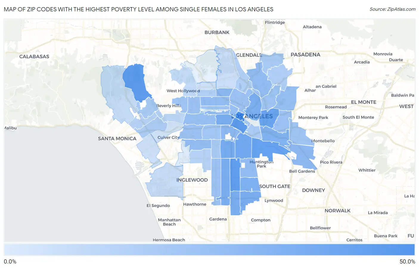 Zip Codes with the Highest Poverty Level Among Single Females in Los Angeles Map