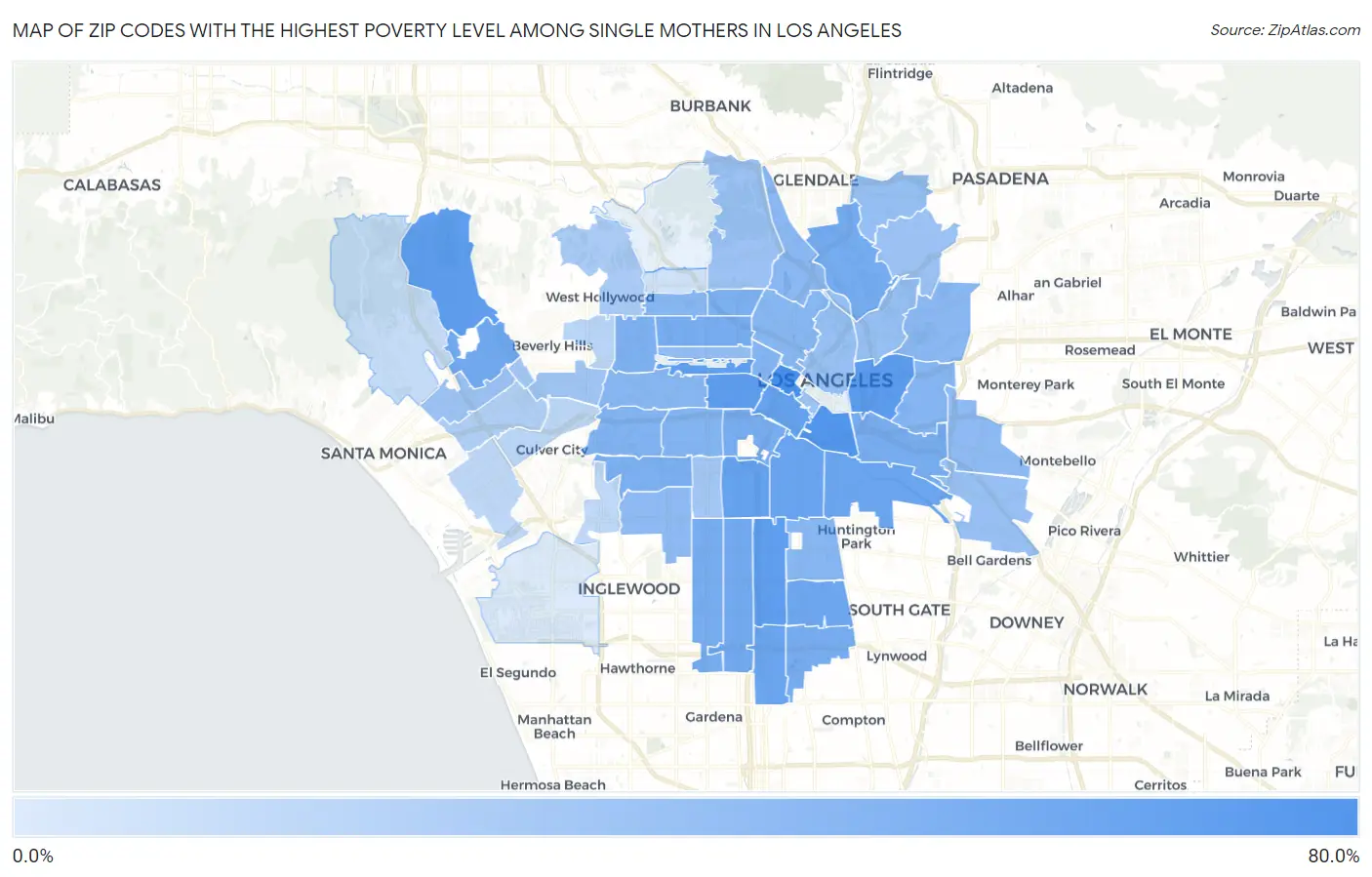 Zip Codes with the Highest Poverty Level Among Single Mothers in Los Angeles Map