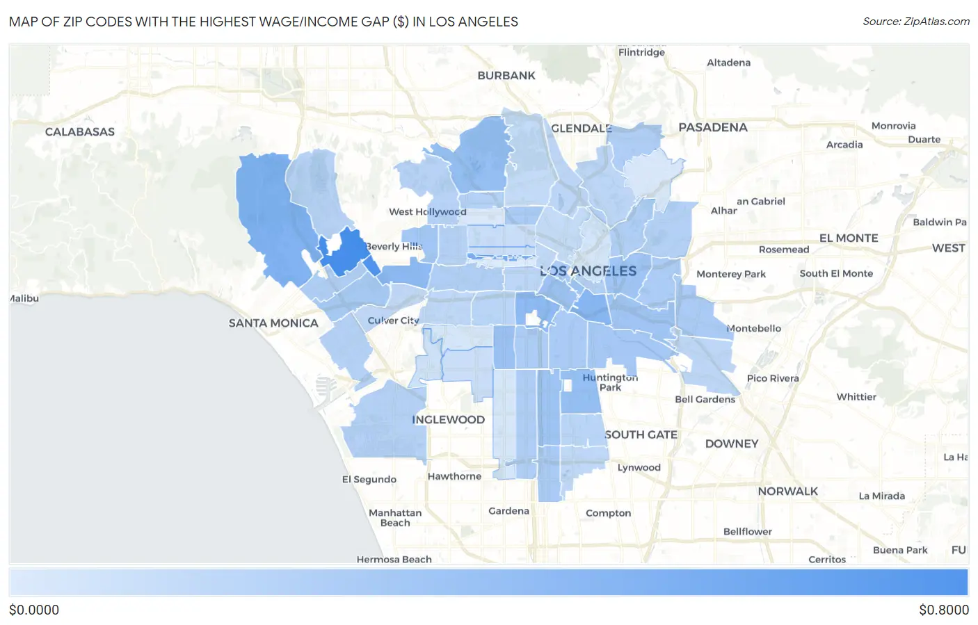 Zip Codes with the Highest Wage/Income Gap ($) in Los Angeles Map
