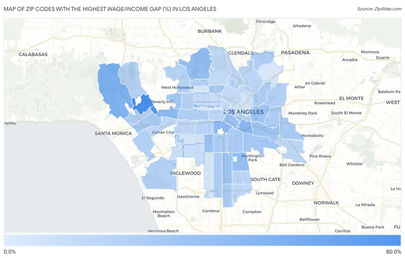 Zip Codes with the Highest Wage/Income Gap (%) in Los Angeles Map
