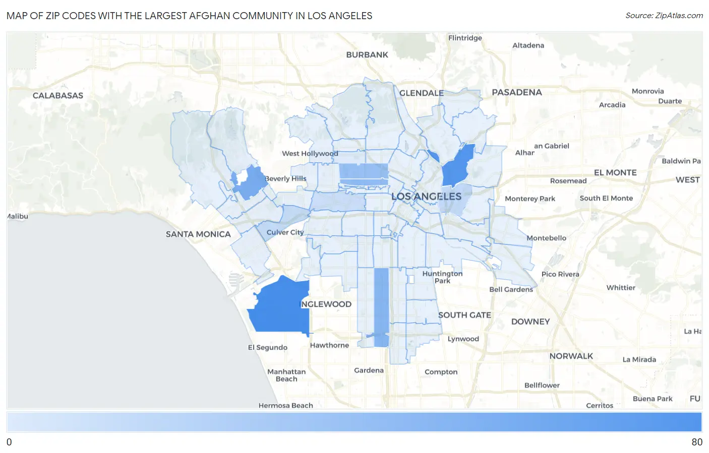 Zip Codes with the Largest Afghan Community in Los Angeles Map