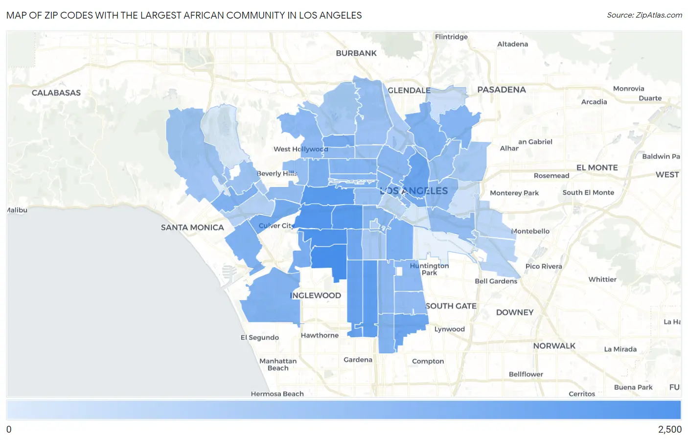Zip Codes with the Largest African Community in Los Angeles Map