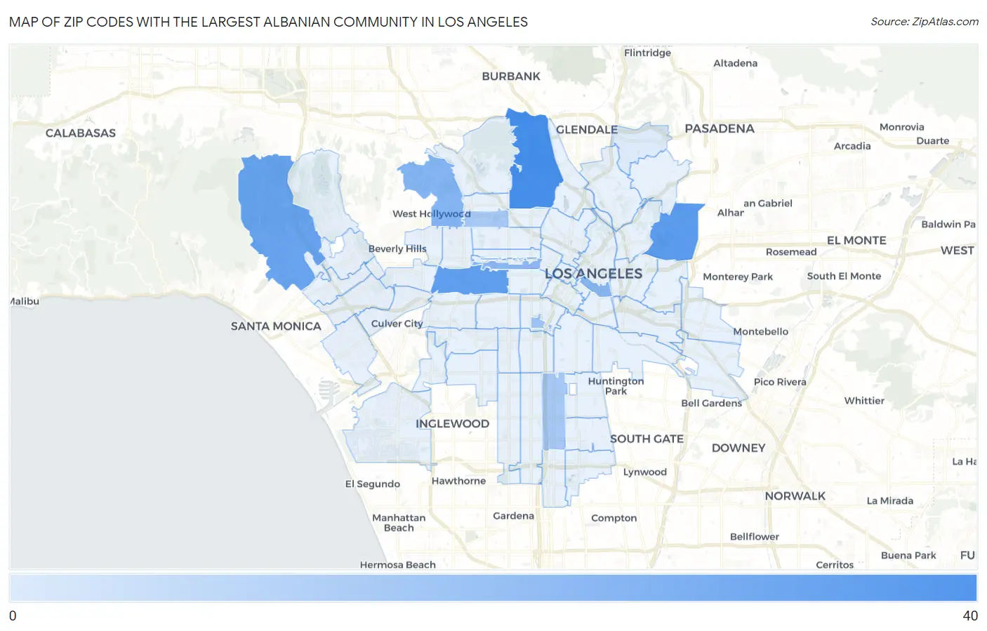 Zip Codes with the Largest Albanian Community in Los Angeles Map