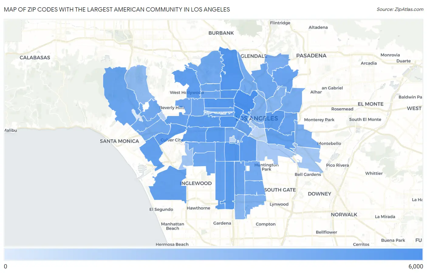 Zip Codes with the Largest American Community in Los Angeles Map