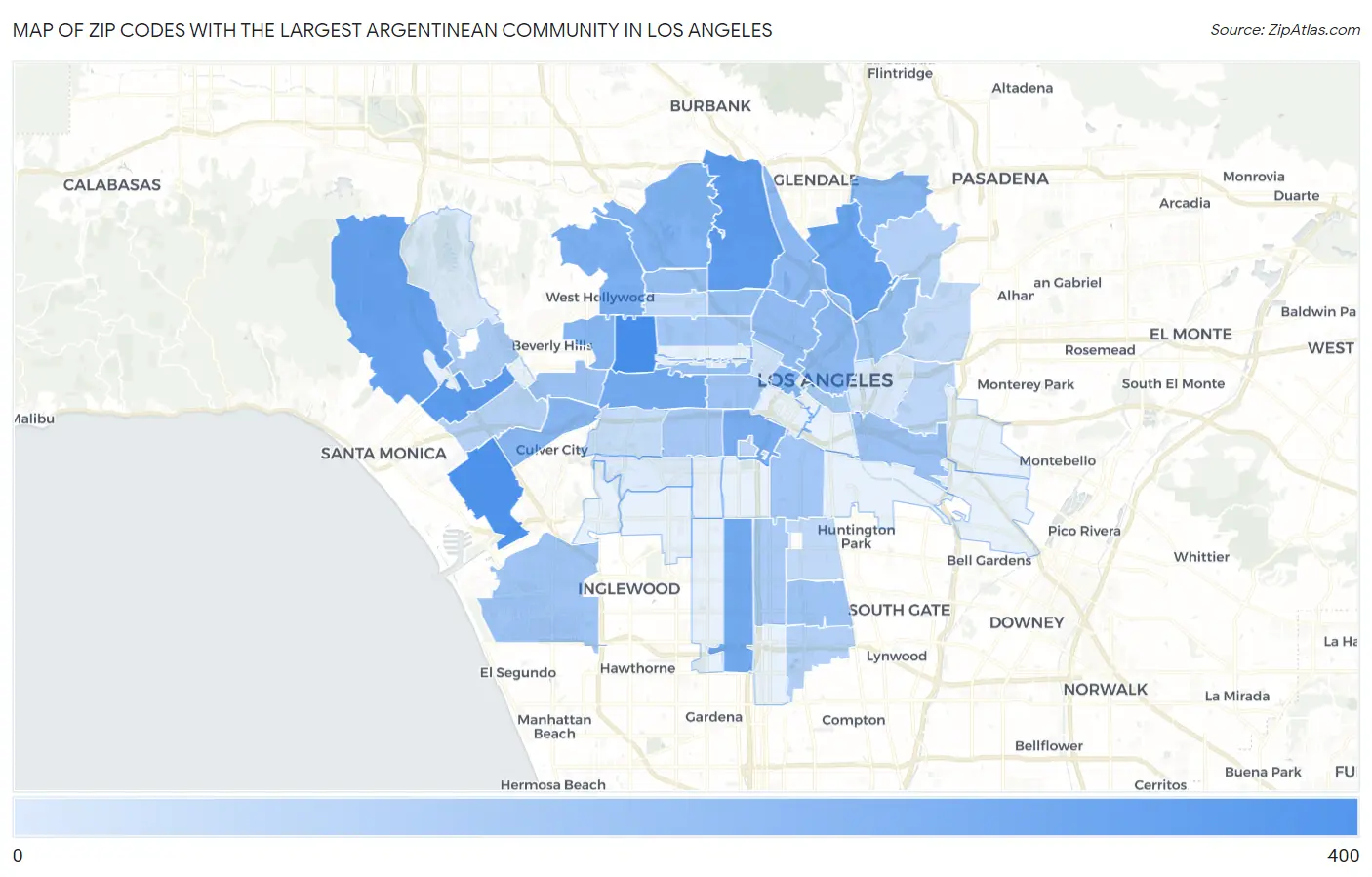 Zip Codes with the Largest Argentinean Community in Los Angeles Map
