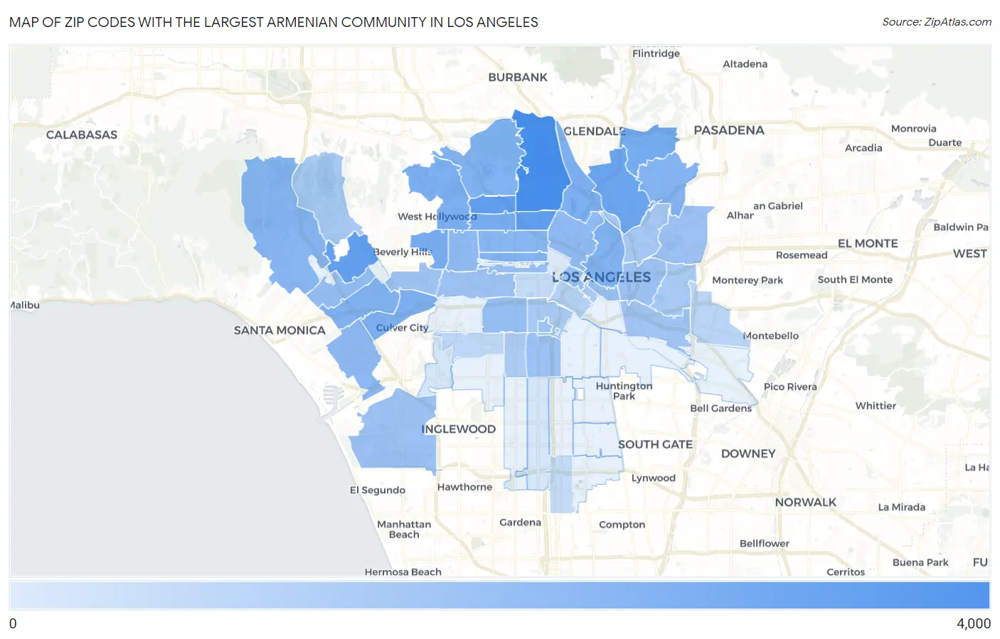 Zip Codes with the Largest Armenian Community in Los Angeles Map
