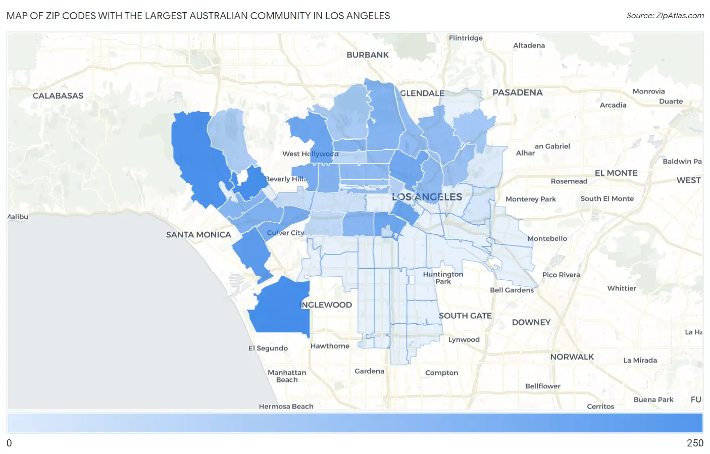 Zip Codes with the Largest Australian Community in Los Angeles Map
