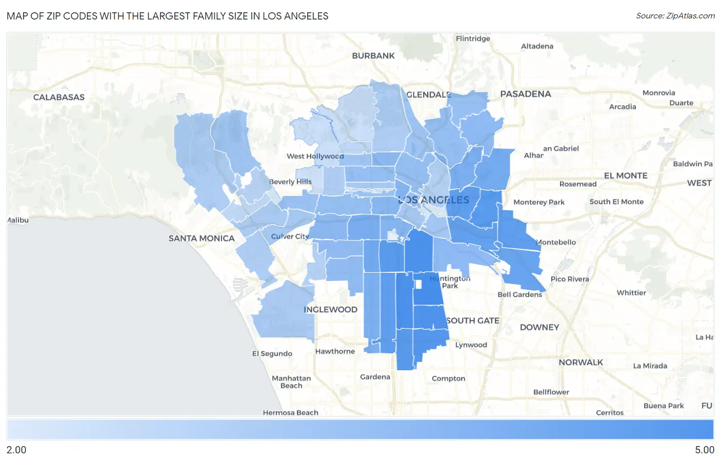 Zip Codes with the Largest Family Size in Los Angeles Map