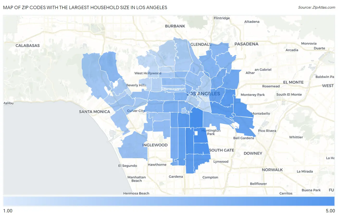 Zip Codes with the Largest Household Size in Los Angeles Map