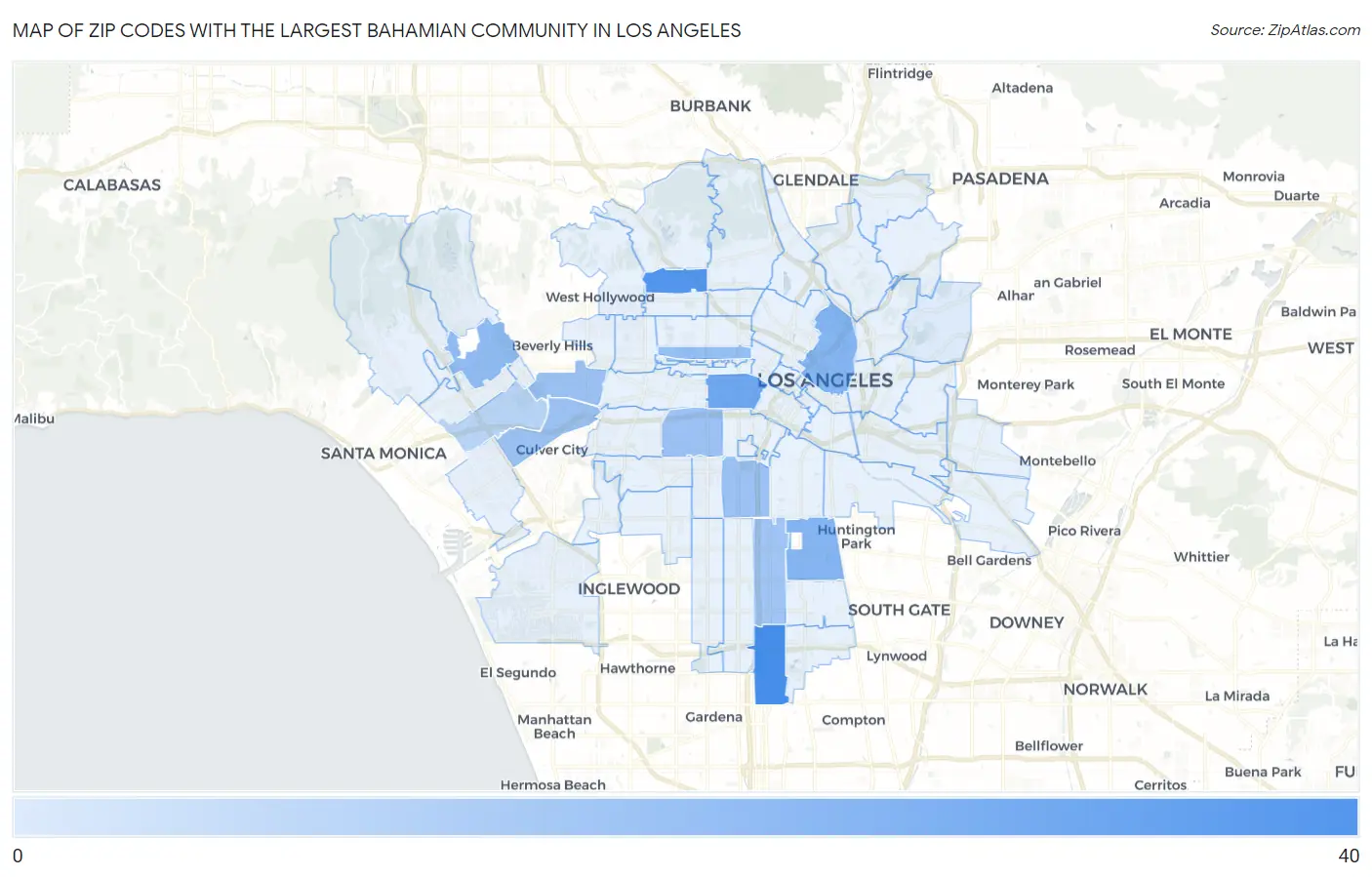 Zip Codes with the Largest Bahamian Community in Los Angeles Map