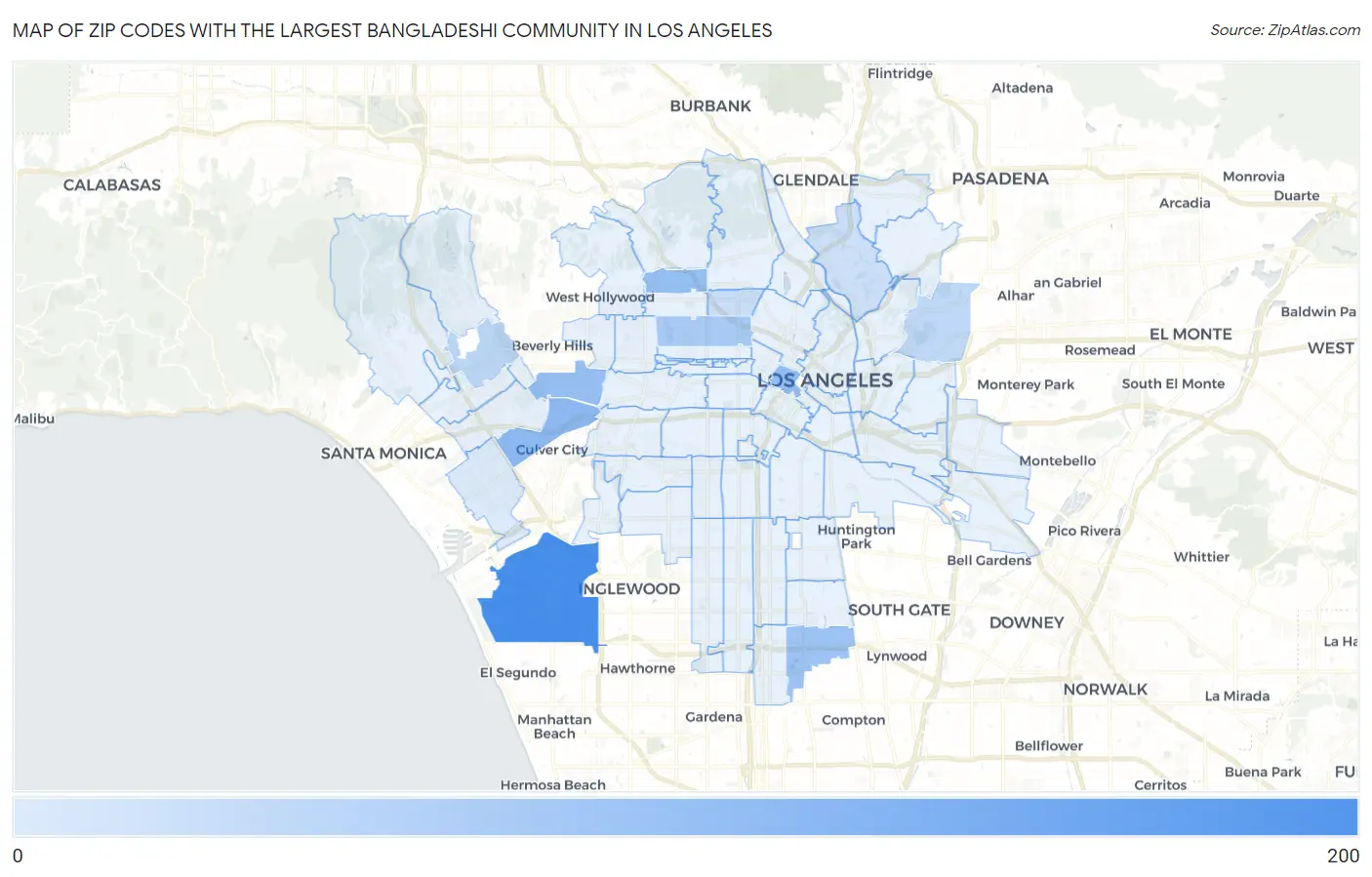 Zip Codes with the Largest Bangladeshi Community in Los Angeles Map