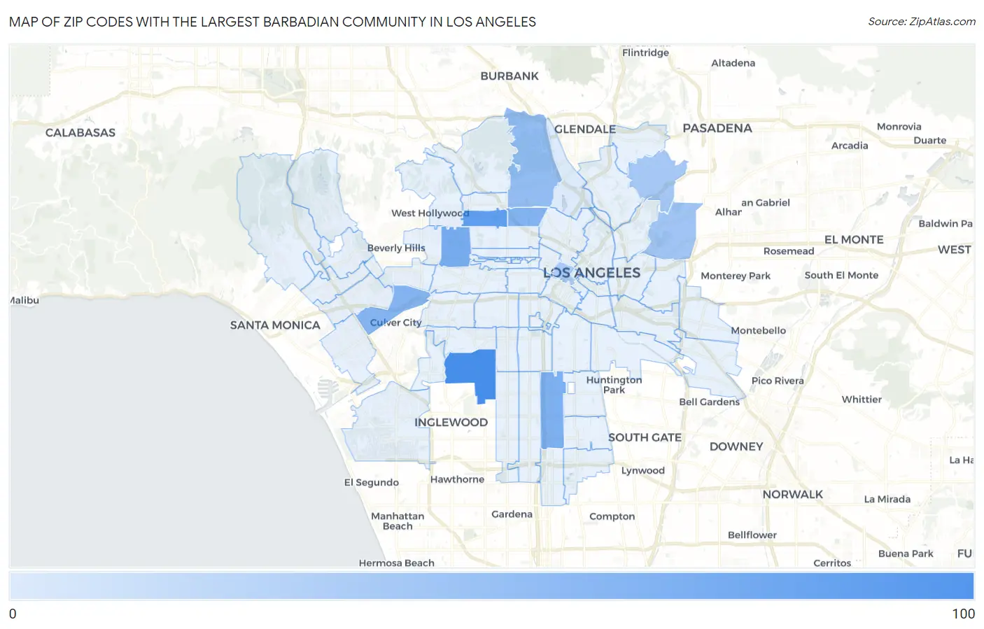 Zip Codes with the Largest Barbadian Community in Los Angeles Map