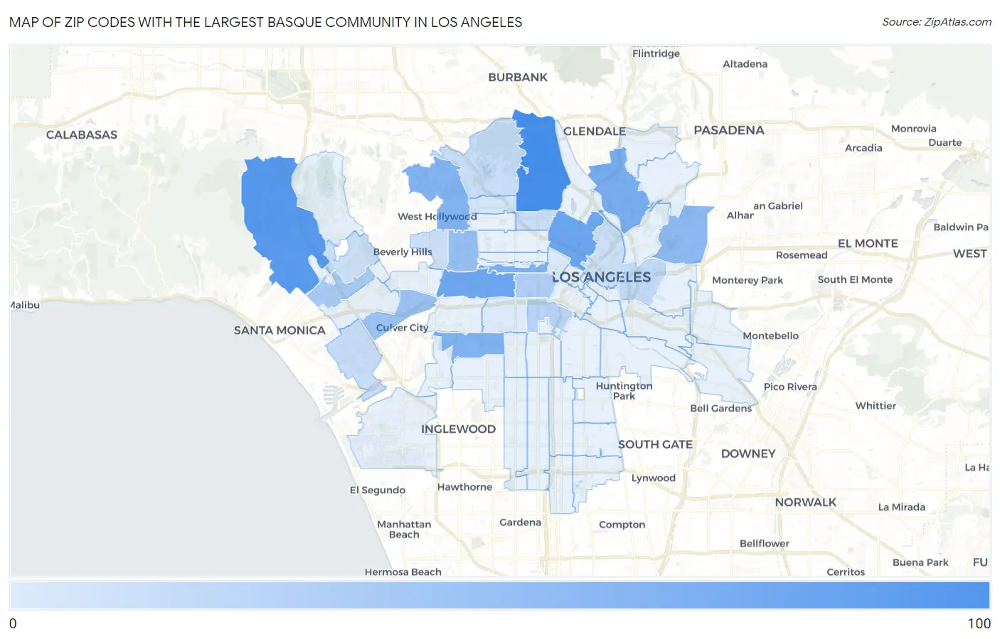 Zip Codes with the Largest Basque Community in Los Angeles Map