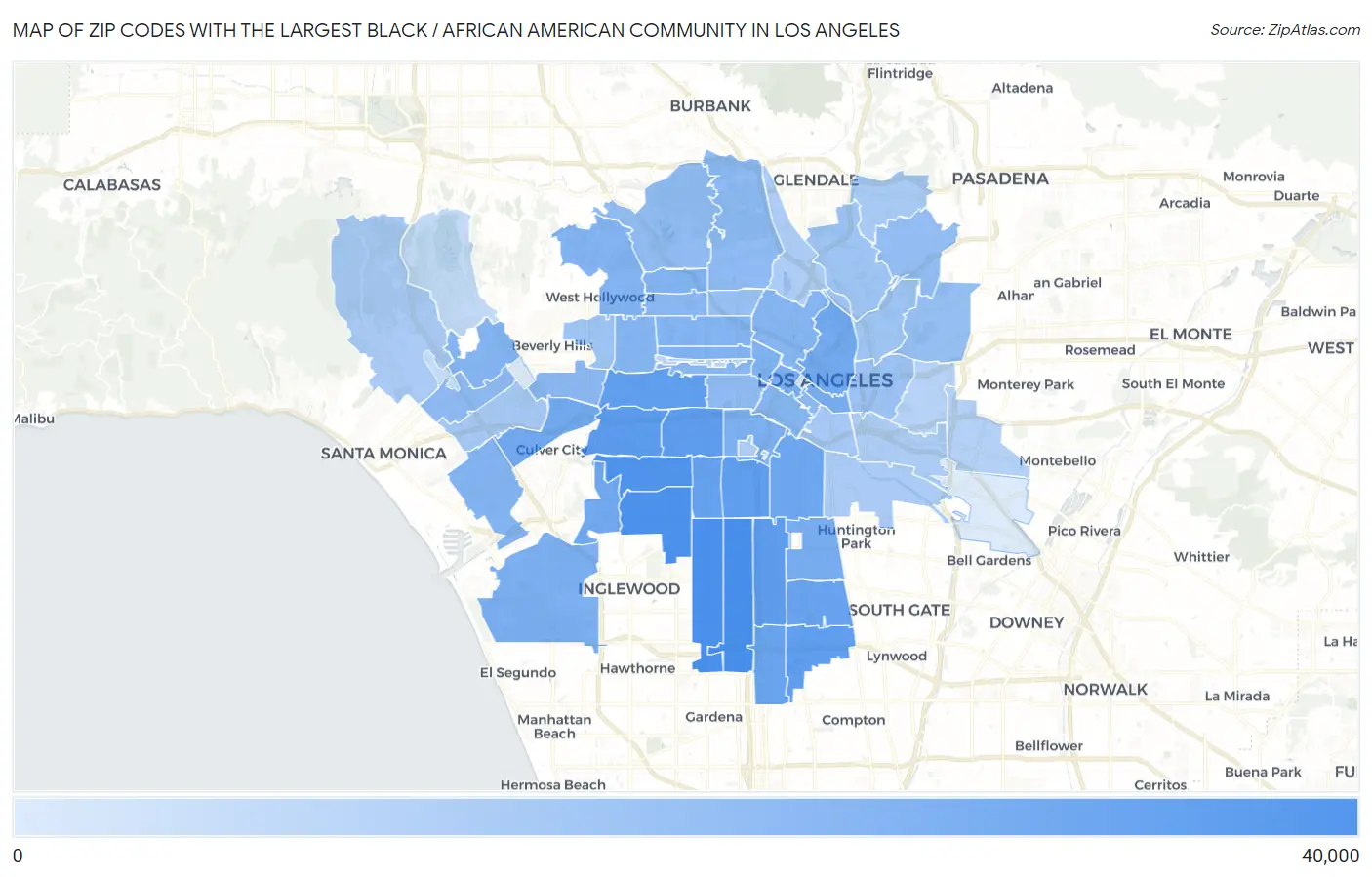 Zip Codes with the Largest Black / African American Community in Los Angeles Map