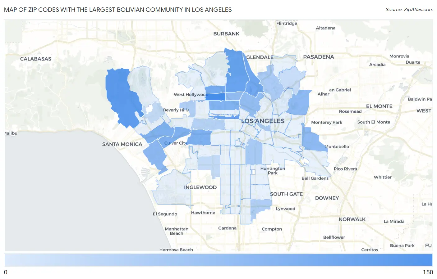 Zip Codes with the Largest Bolivian Community in Los Angeles Map