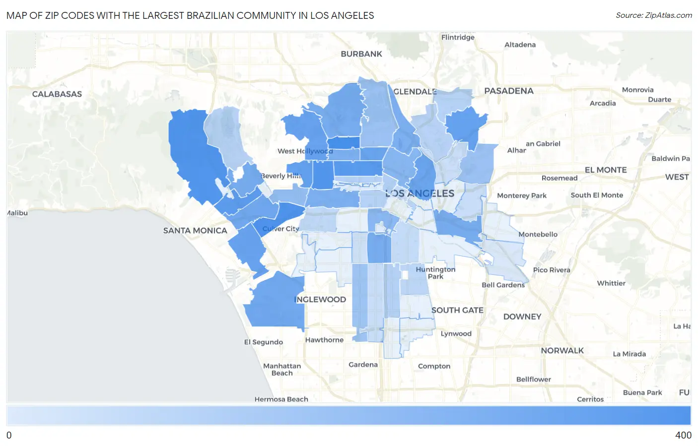 Zip Codes with the Largest Brazilian Community in Los Angeles Map