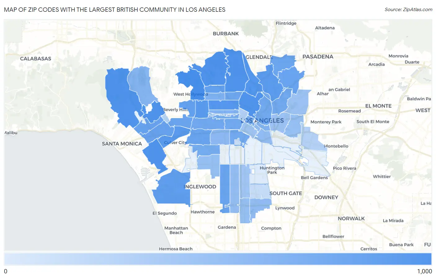 Zip Codes with the Largest British Community in Los Angeles Map