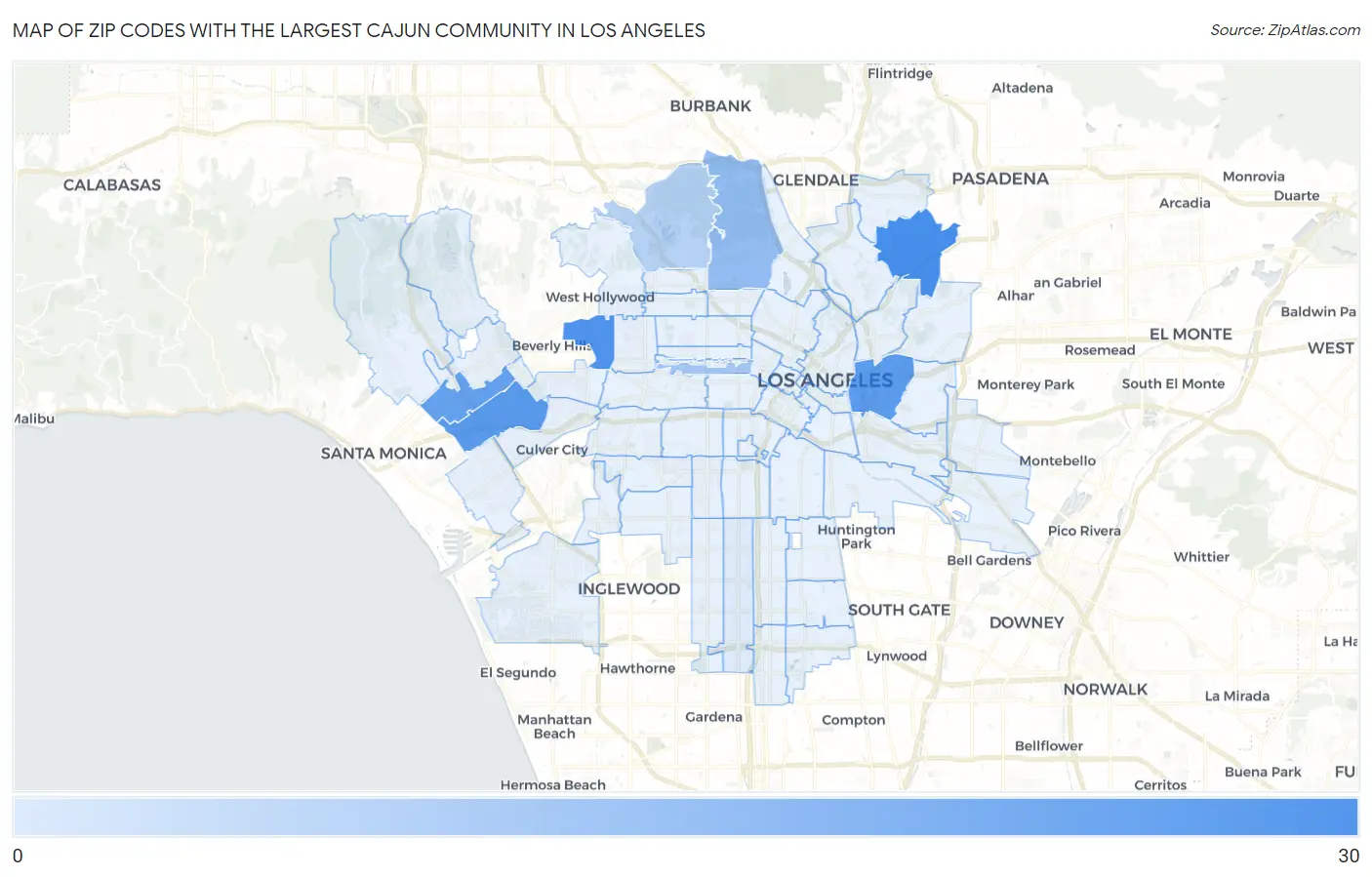 Zip Codes with the Largest Cajun Community in Los Angeles Map
