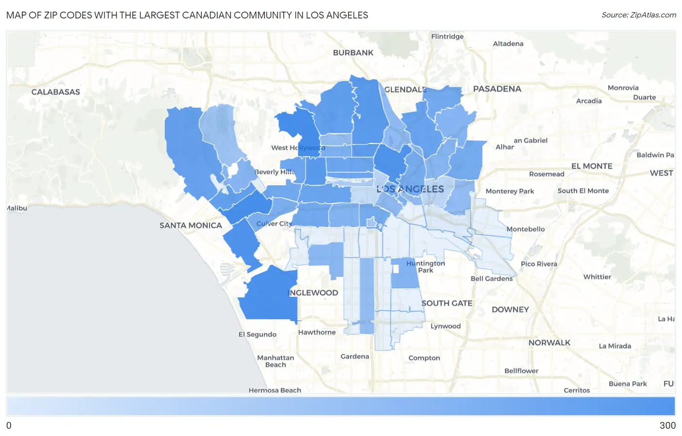 Zip Codes with the Largest Canadian Community in Los Angeles Map