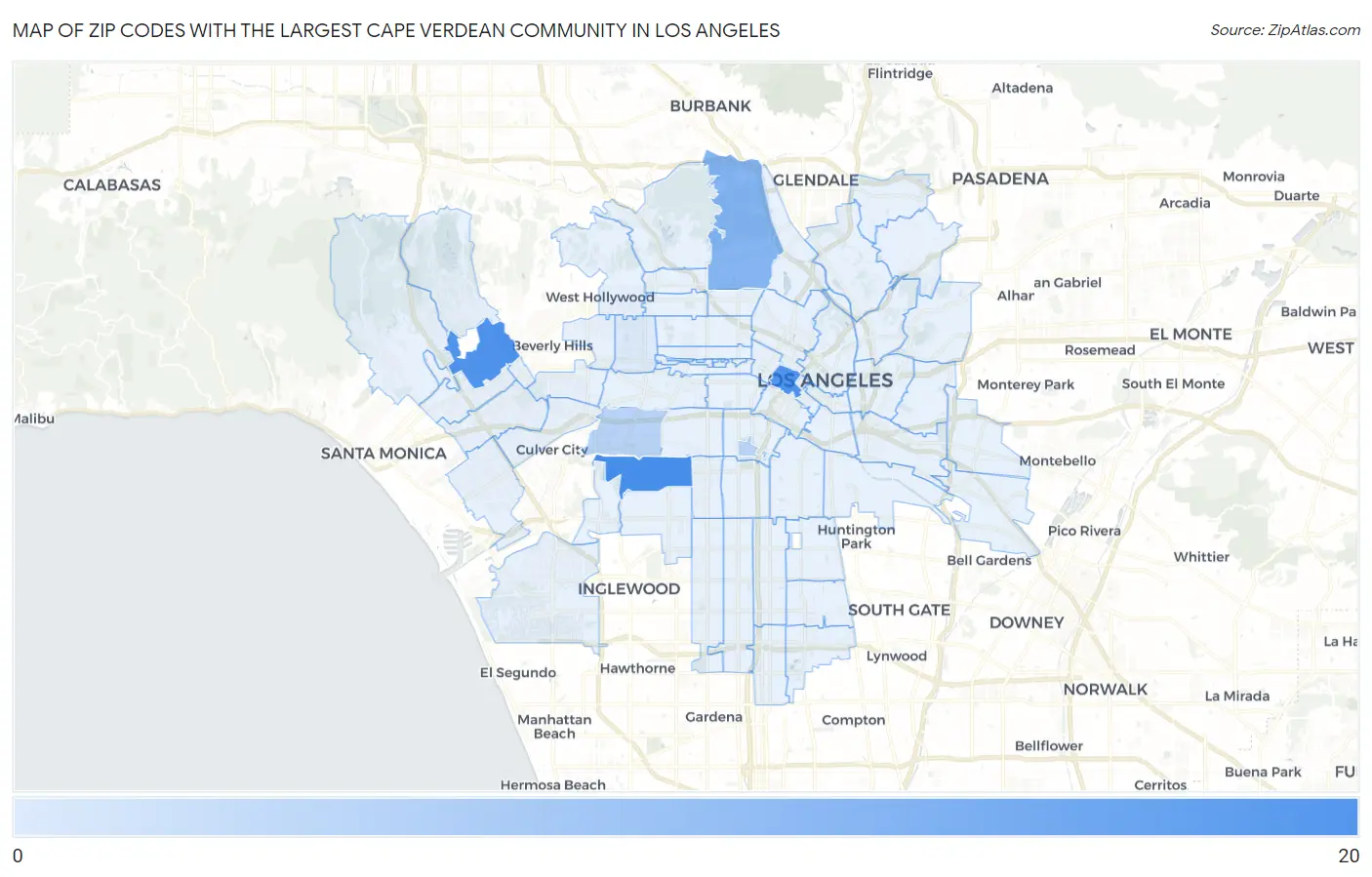 Zip Codes with the Largest Cape Verdean Community in Los Angeles Map