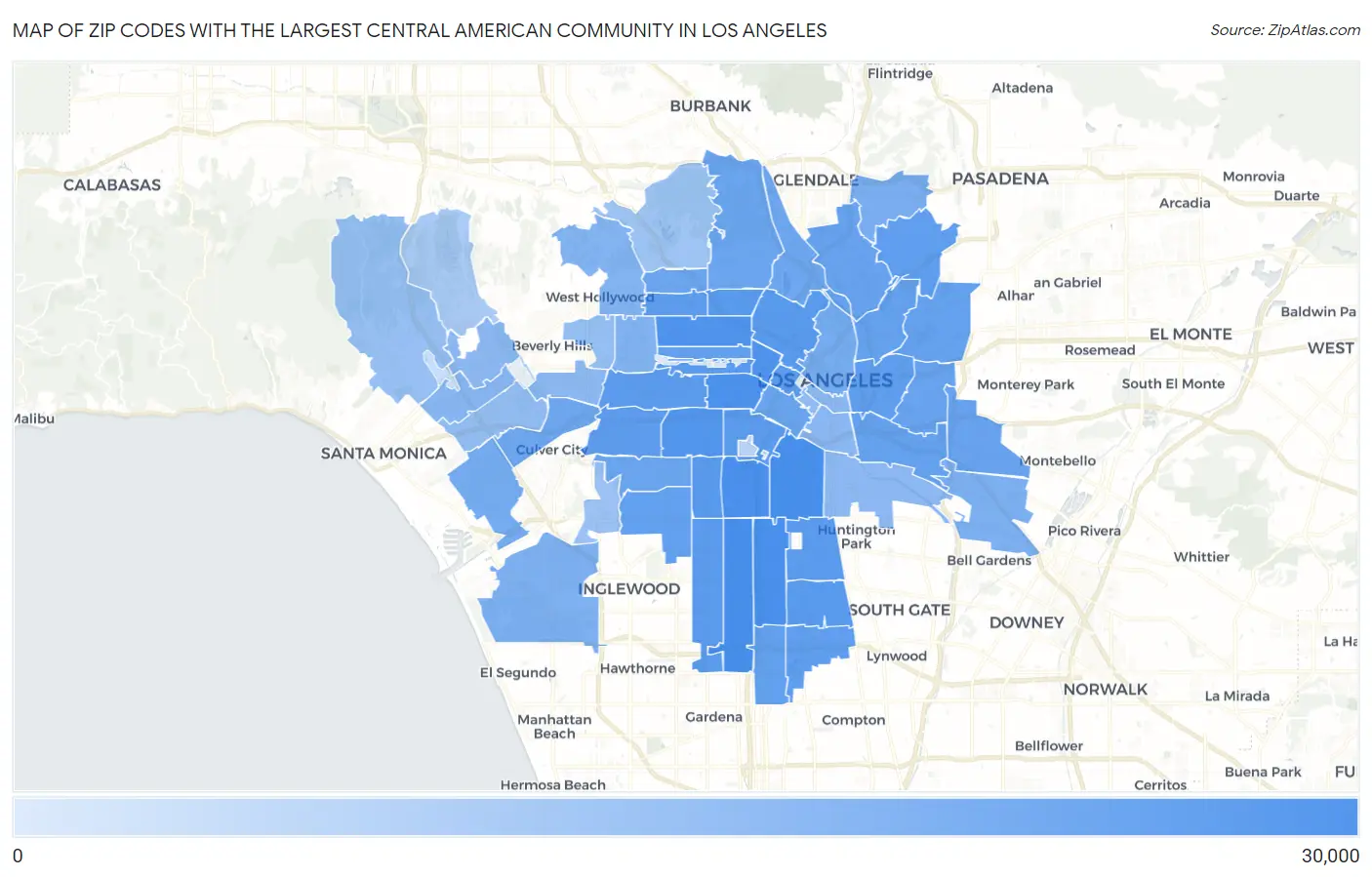 Zip Codes with the Largest Central American Community in Los Angeles Map