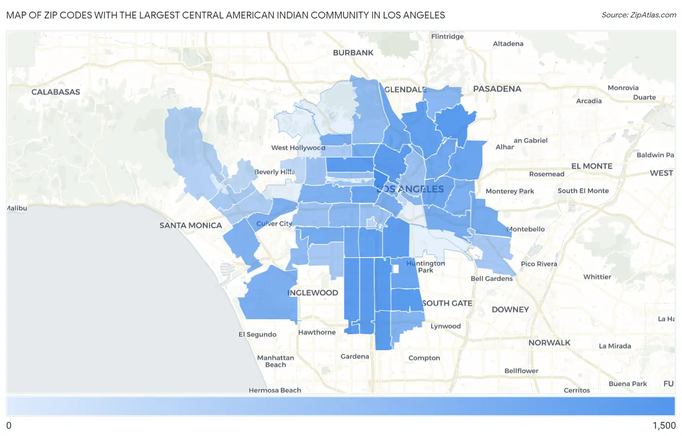 Zip Codes with the Largest Central American Indian Community in Los Angeles Map