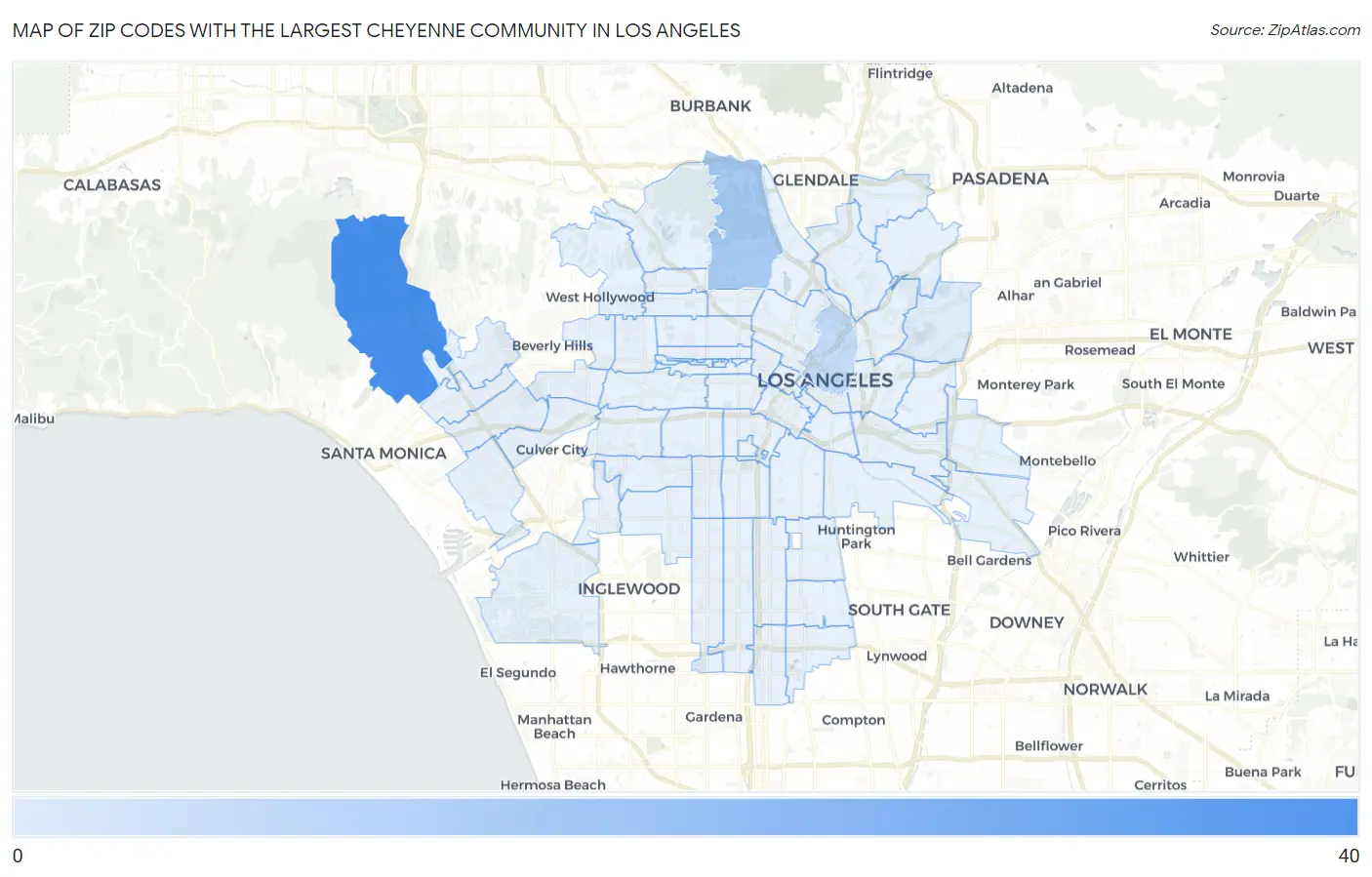 Zip Codes with the Largest Cheyenne Community in Los Angeles Map