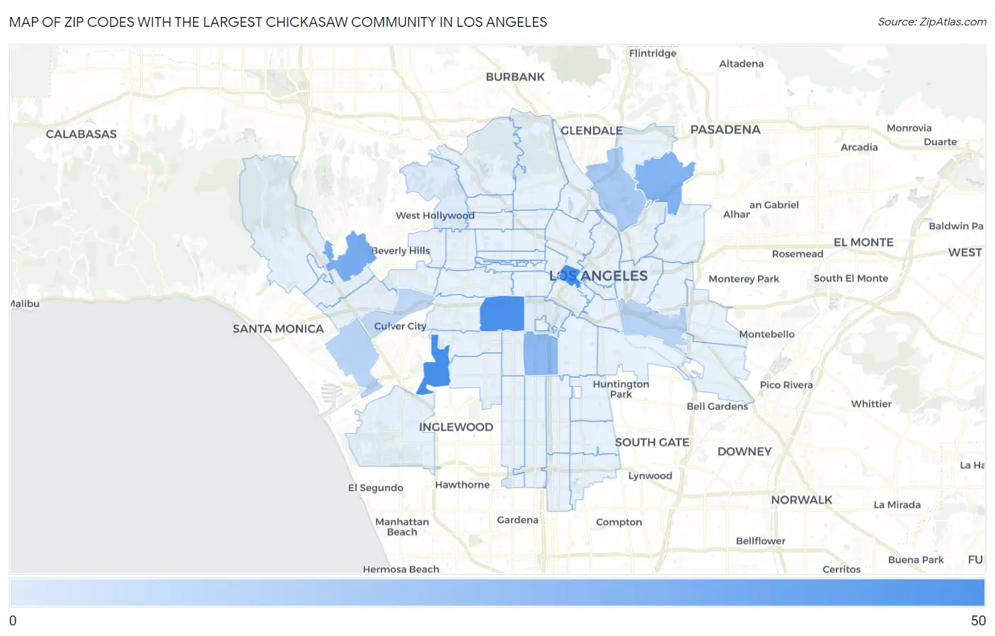 Zip Codes with the Largest Chickasaw Community in Los Angeles Map