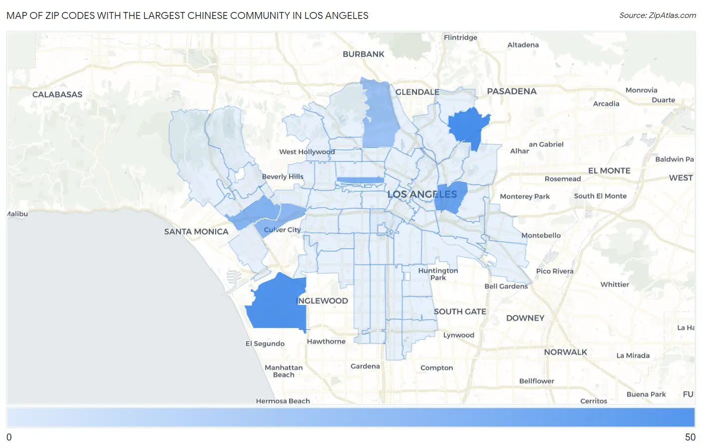 Zip Codes with the Largest Chinese Community in Los Angeles Map