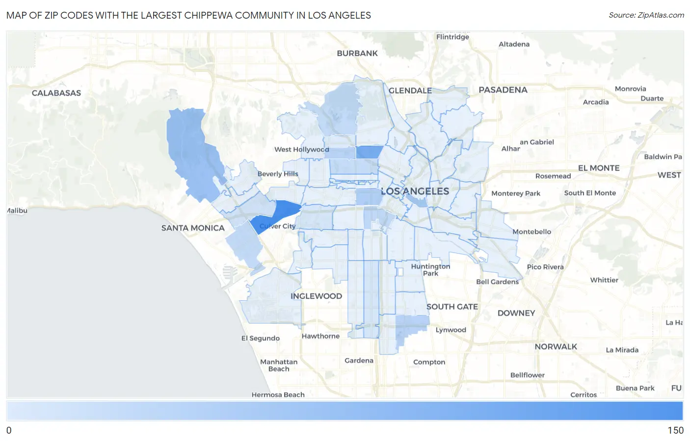 Zip Codes with the Largest Chippewa Community in Los Angeles Map