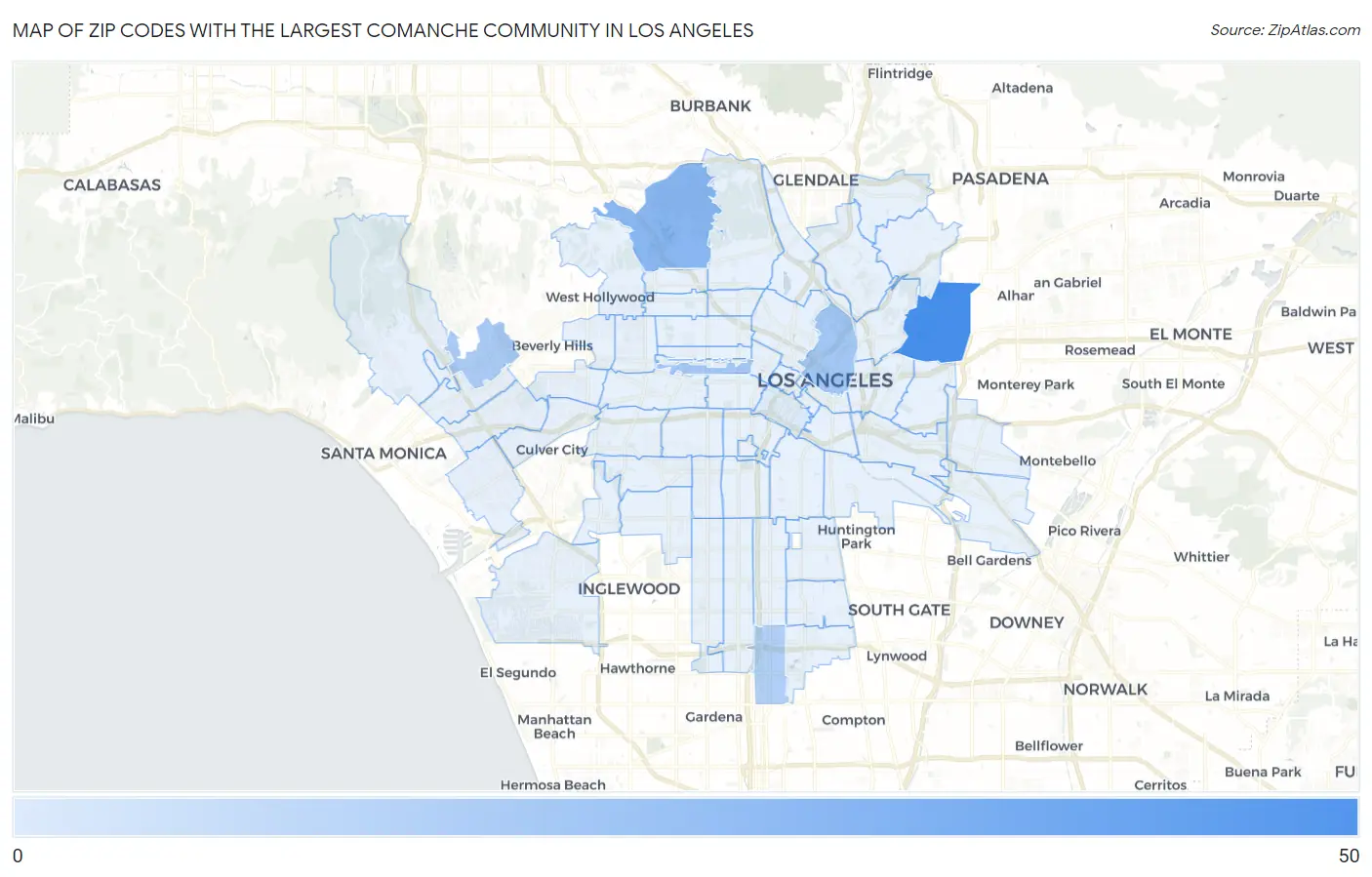 Zip Codes with the Largest Comanche Community in Los Angeles Map