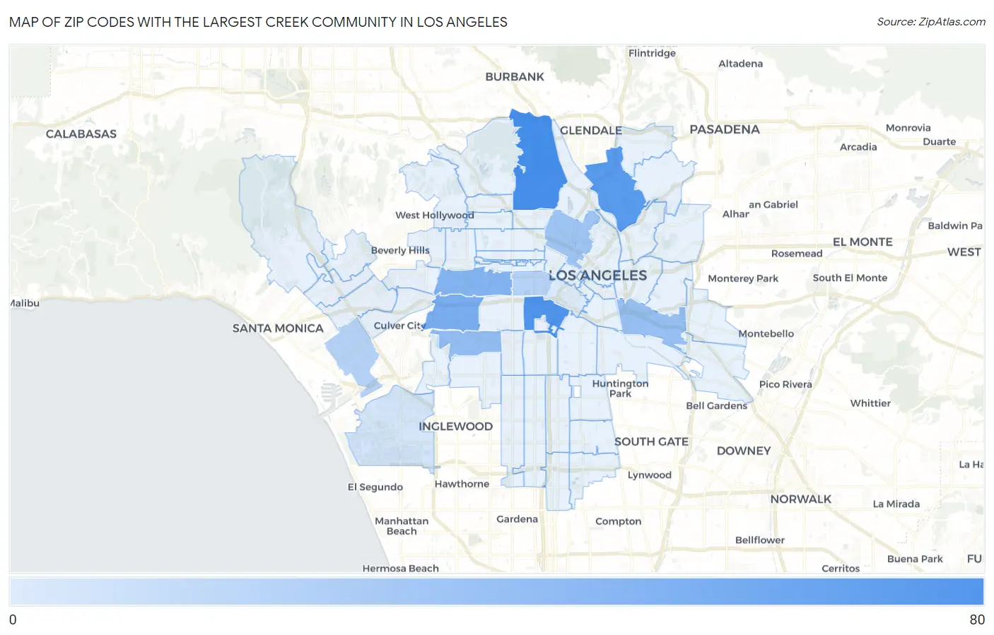 Zip Codes with the Largest Creek Community in Los Angeles Map
