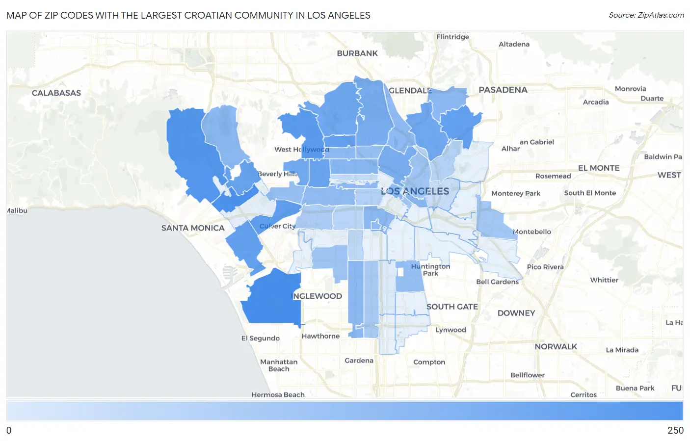 Zip Codes with the Largest Croatian Community in Los Angeles Map