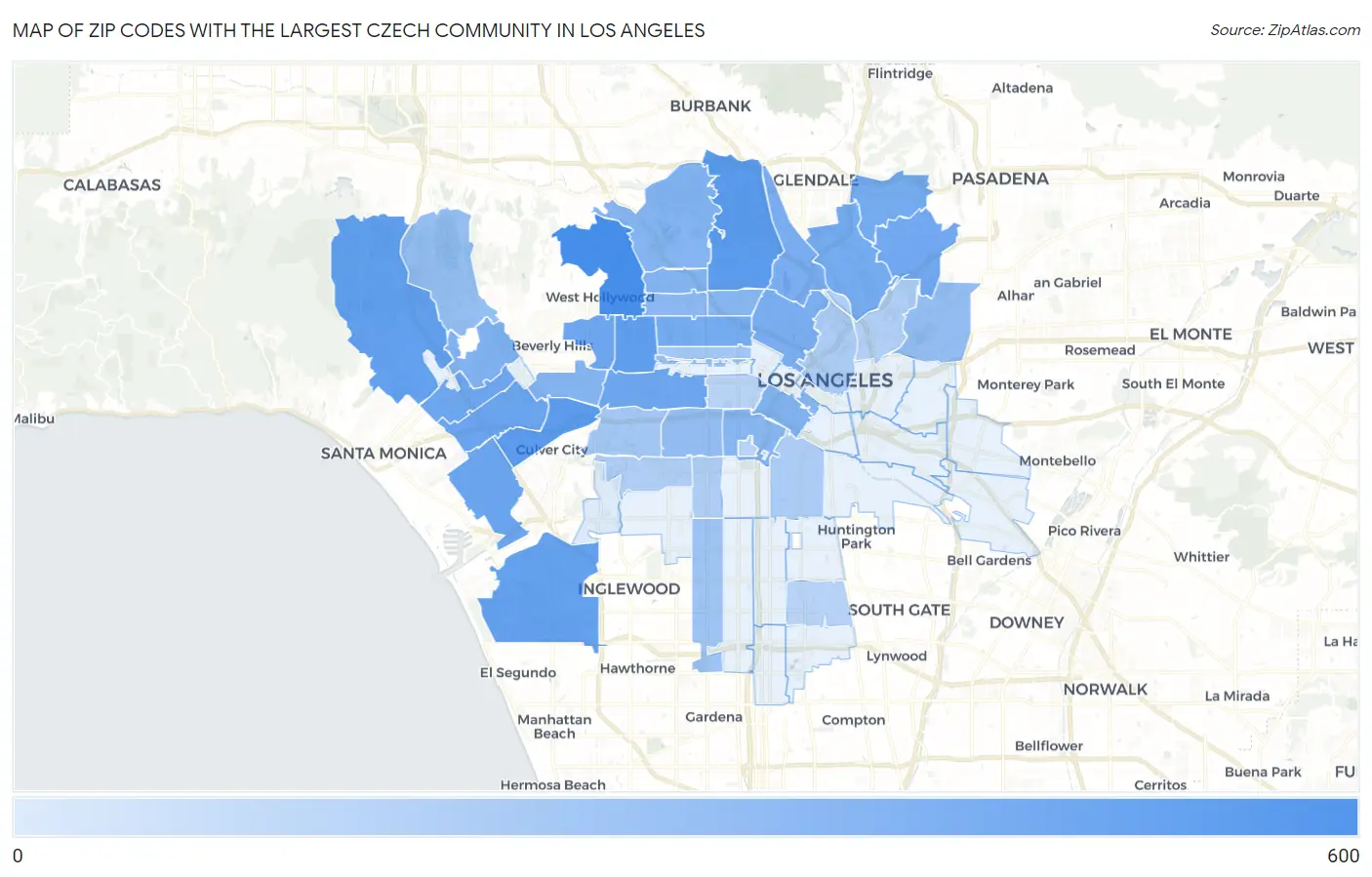 Zip Codes with the Largest Czech Community in Los Angeles Map