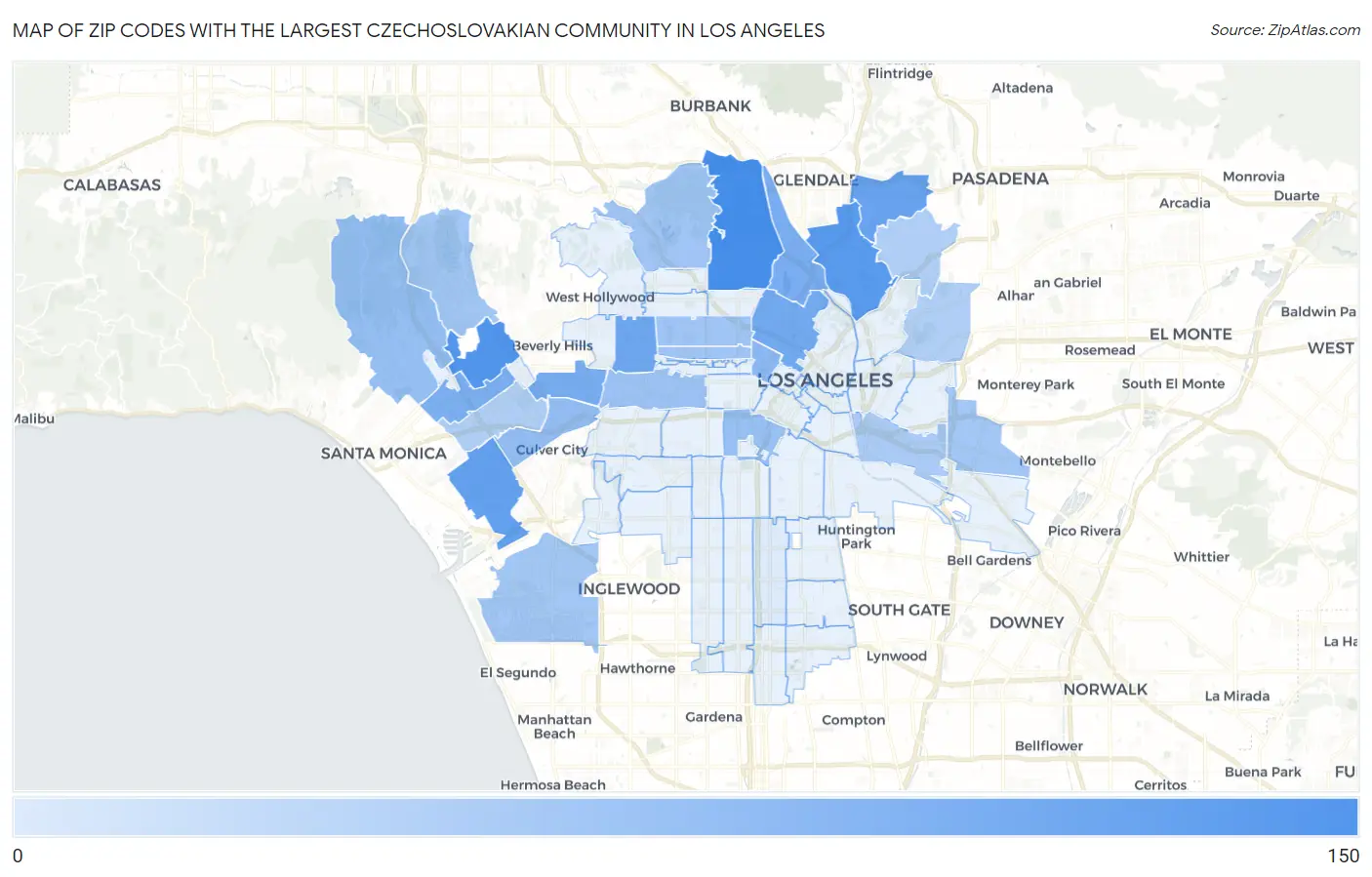 Zip Codes with the Largest Czechoslovakian Community in Los Angeles Map