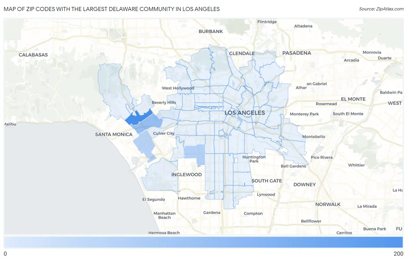 Zip Codes with the Largest Delaware Community in Los Angeles Map