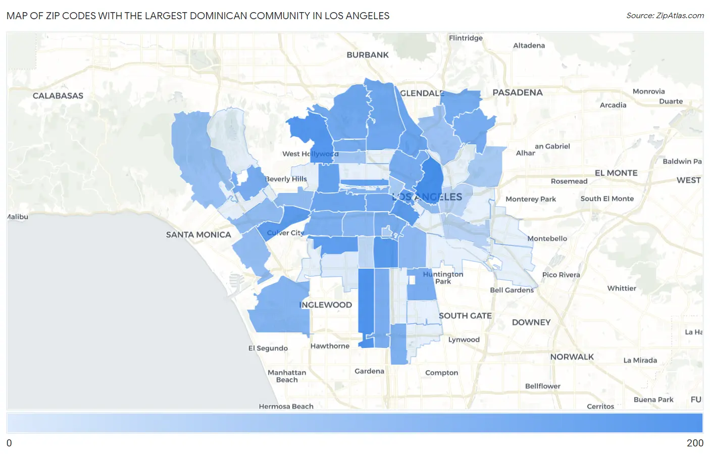 Zip Codes with the Largest Dominican Community in Los Angeles Map