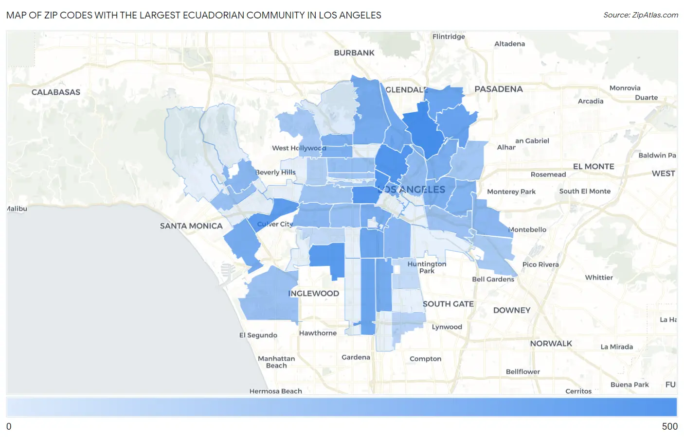 Zip Codes with the Largest Ecuadorian Community in Los Angeles Map