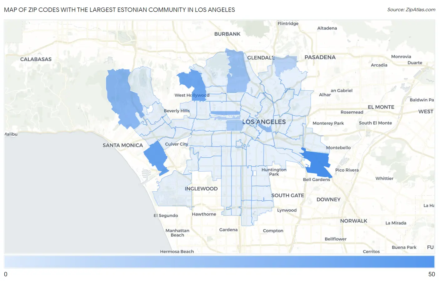 Zip Codes with the Largest Estonian Community in Los Angeles Map