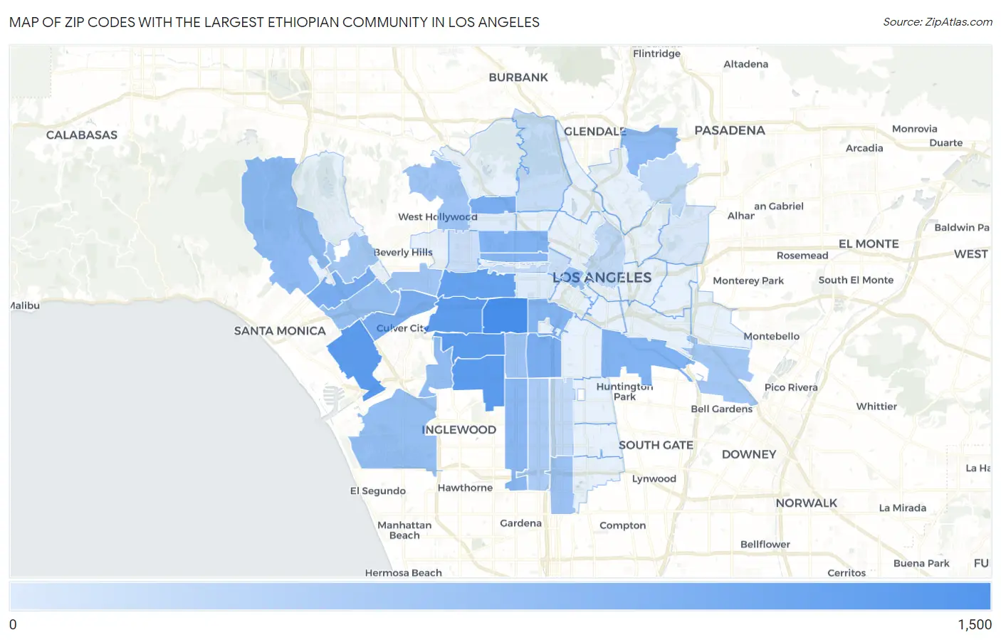 Zip Codes with the Largest Ethiopian Community in Los Angeles Map