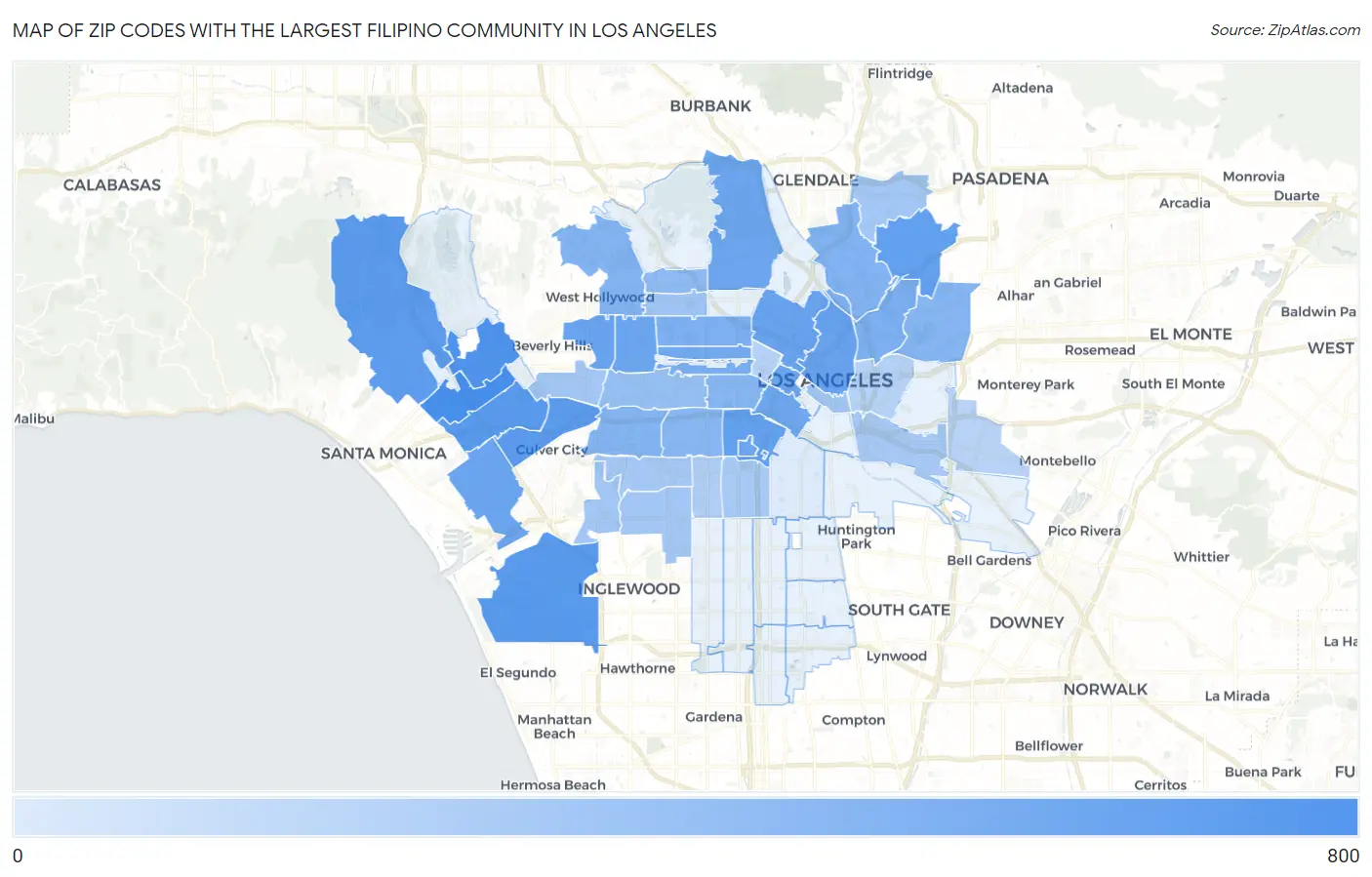 Zip Codes with the Largest Filipino Community in Los Angeles Map