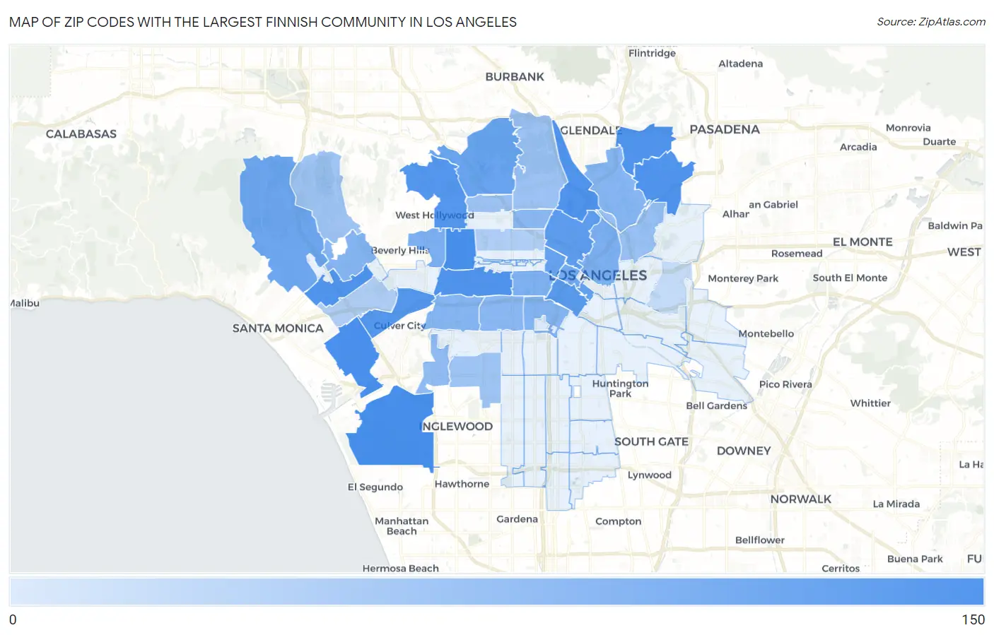 Zip Codes with the Largest Finnish Community in Los Angeles Map