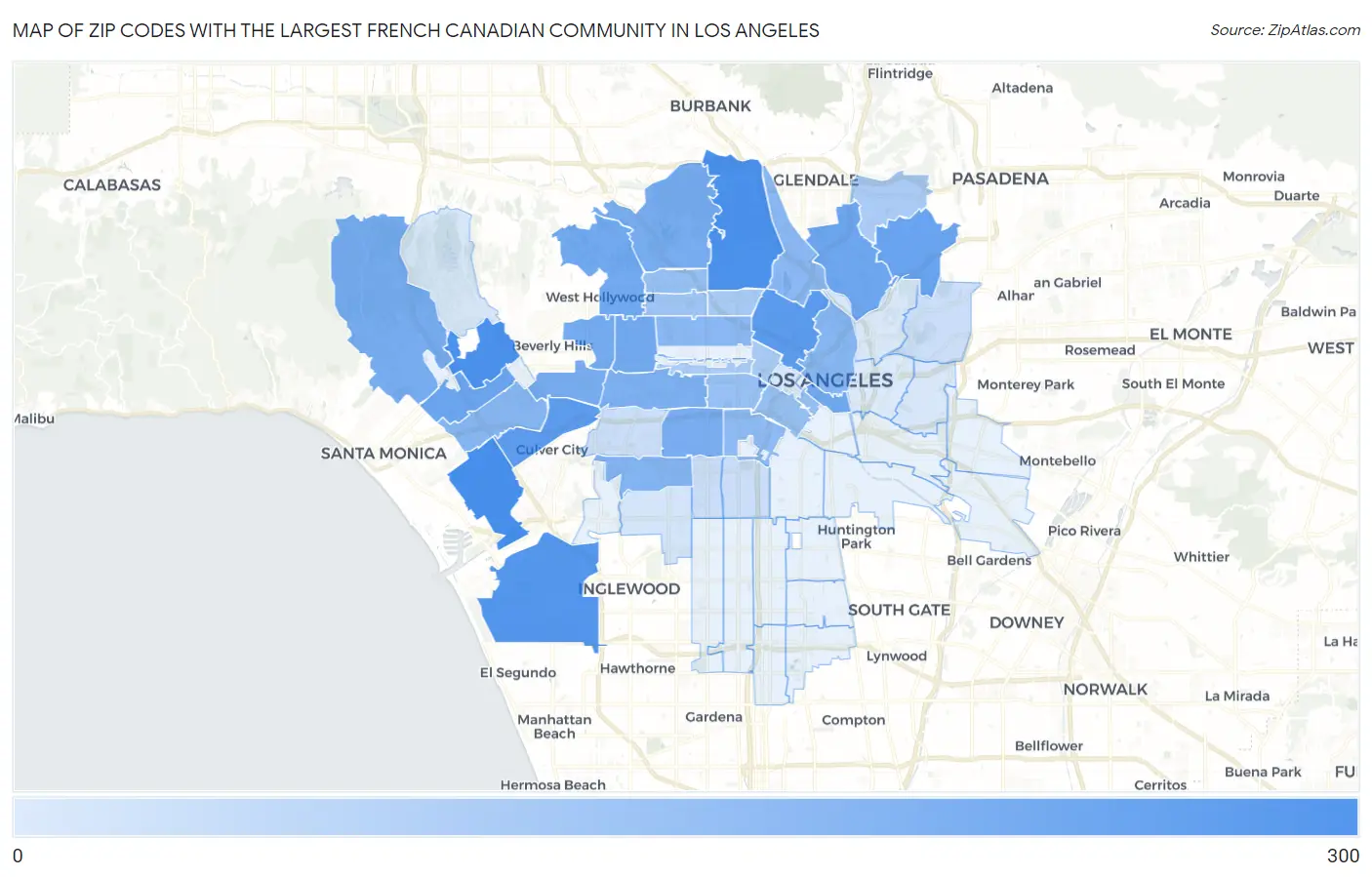 Zip Codes with the Largest French Canadian Community in Los Angeles Map