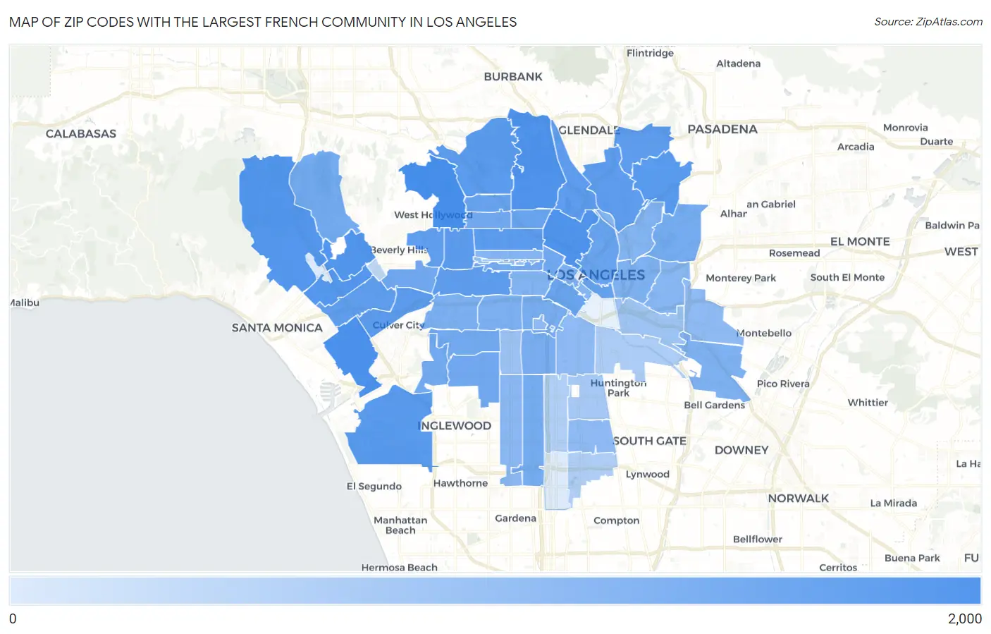 Zip Codes with the Largest French Community in Los Angeles Map