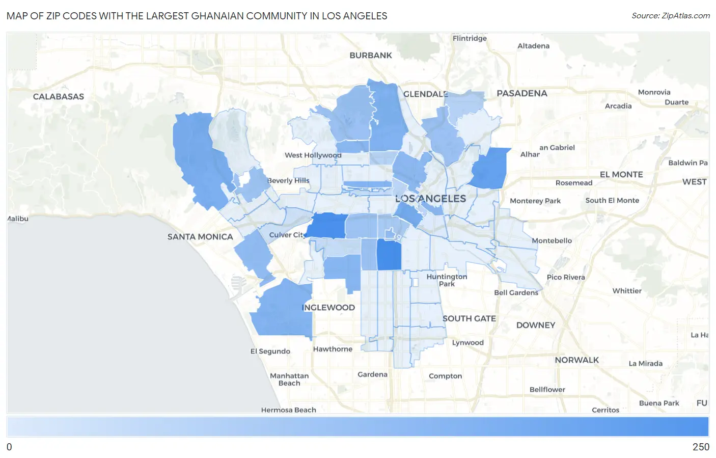 Zip Codes with the Largest Ghanaian Community in Los Angeles Map