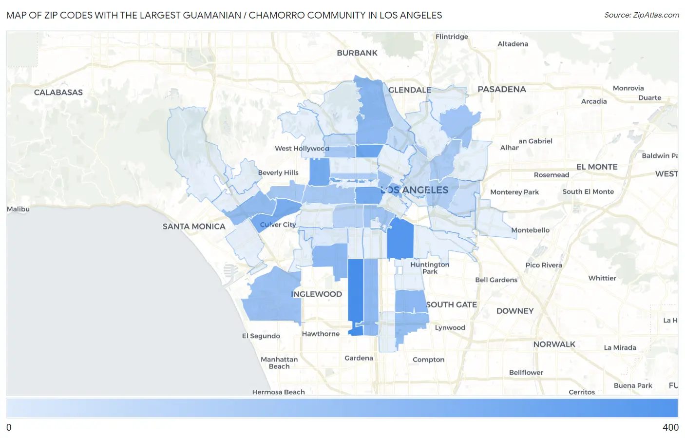 Zip Codes with the Largest Guamanian / Chamorro Community in Los Angeles Map