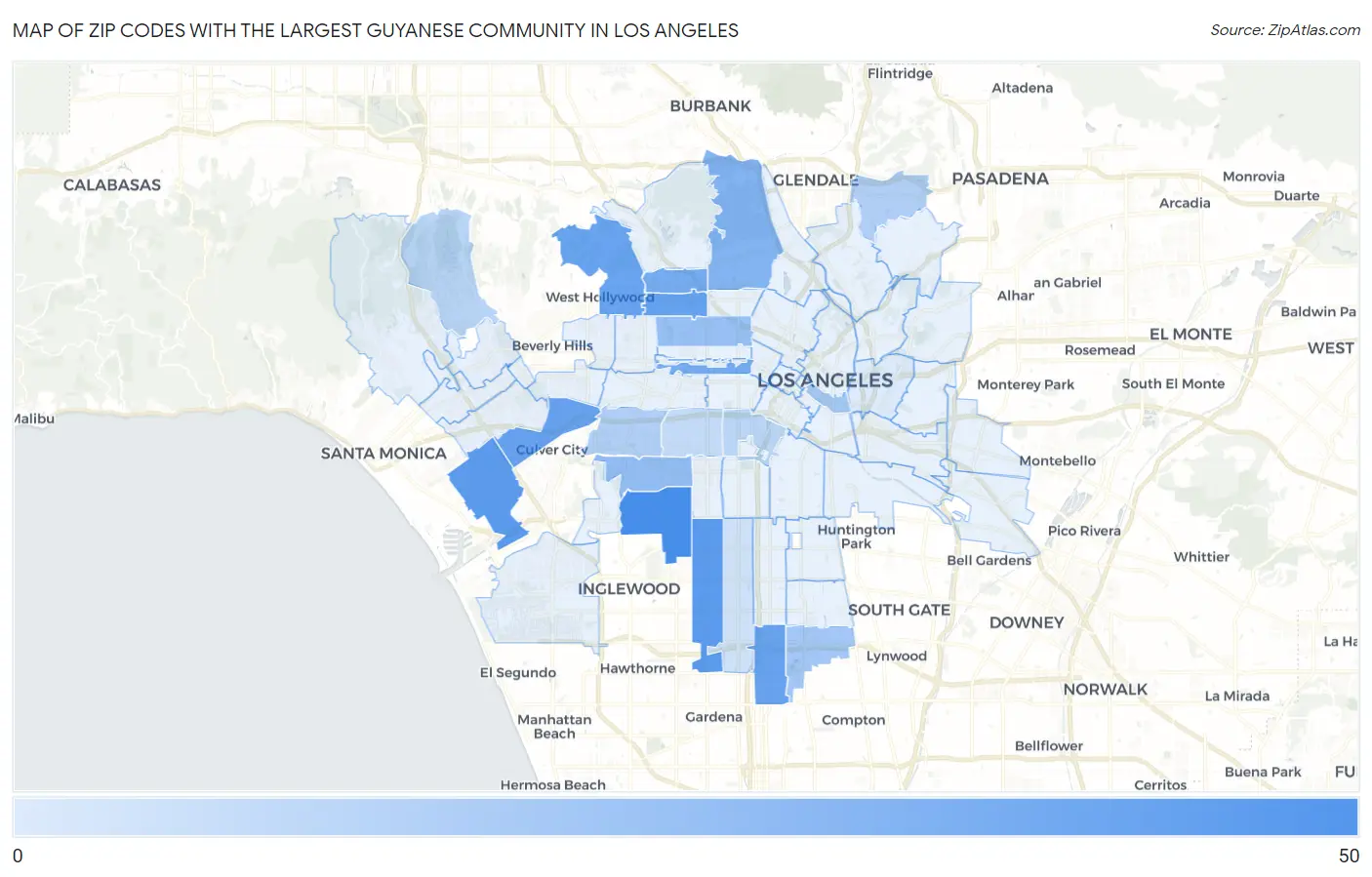 Zip Codes with the Largest Guyanese Community in Los Angeles Map