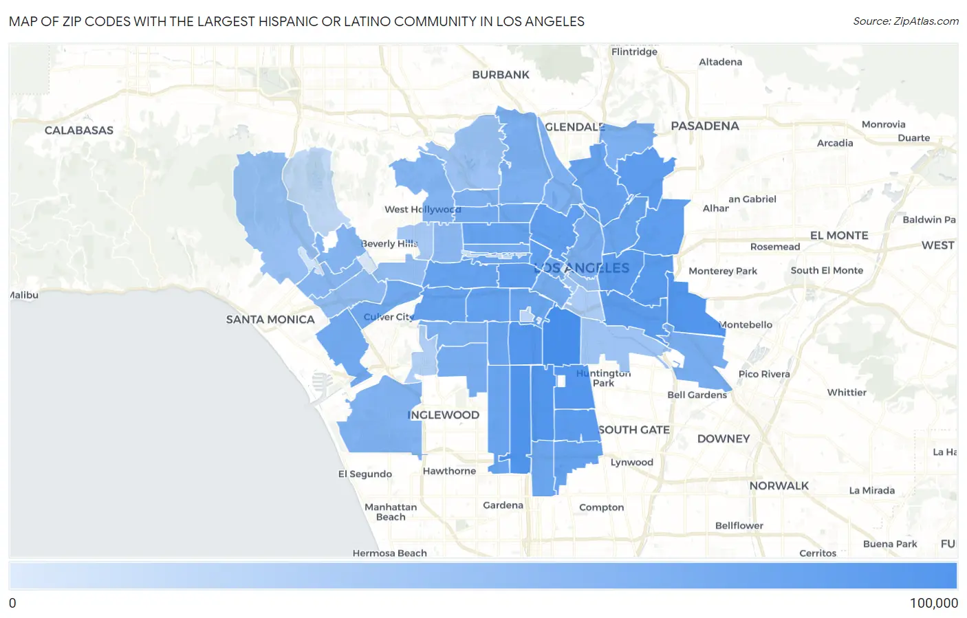 Zip Codes with the Largest Hispanic or Latino Community in Los Angeles Map