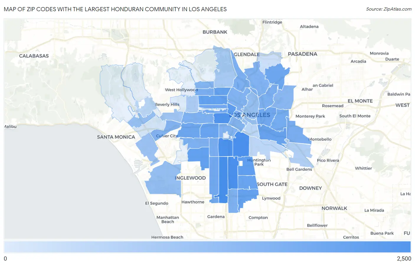Zip Codes with the Largest Honduran Community in Los Angeles Map