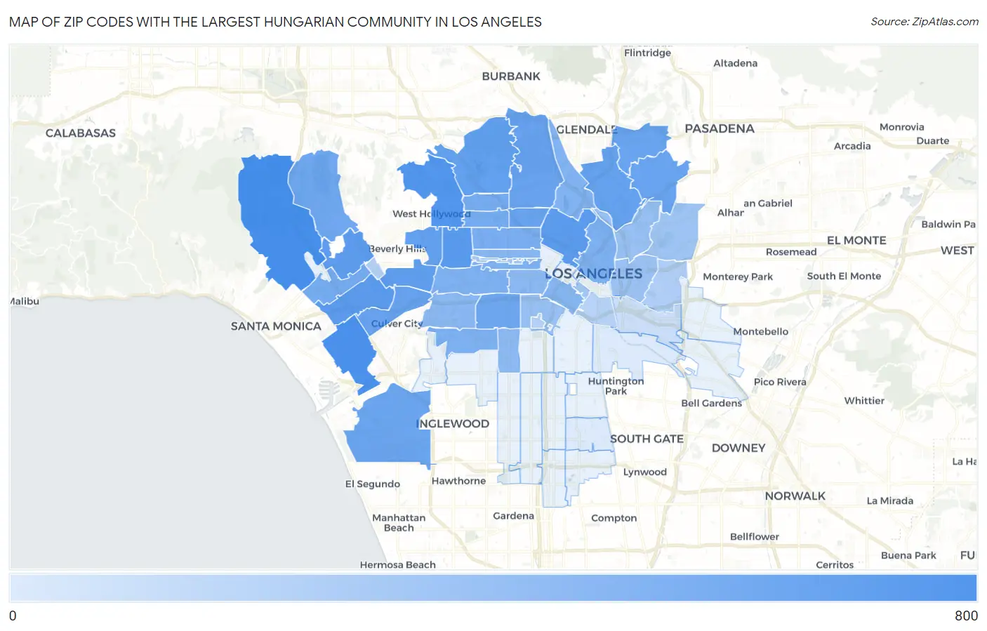 Zip Codes with the Largest Hungarian Community in Los Angeles Map